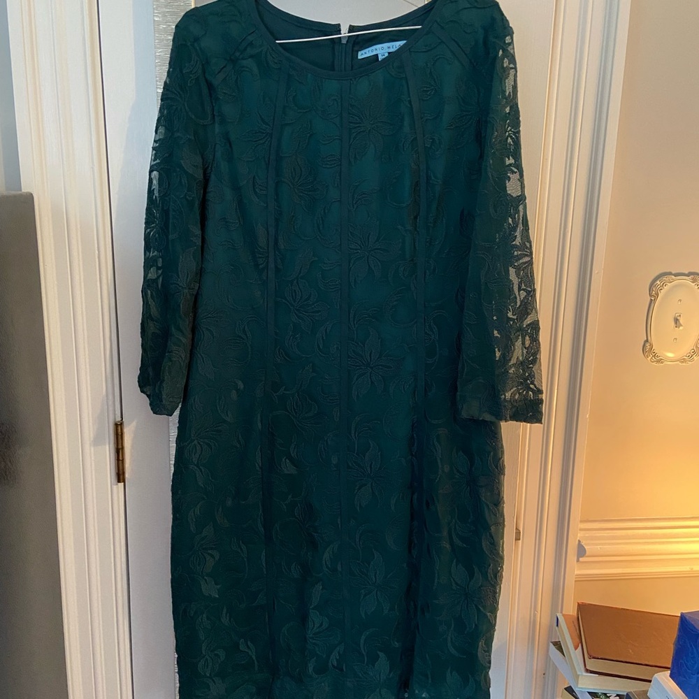 ANTONIO MELANI Forest Green Lace Long-Sleeve Shift Dress size 14